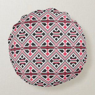 Red and Black cross-stitch Retro Pattern Round Cushion