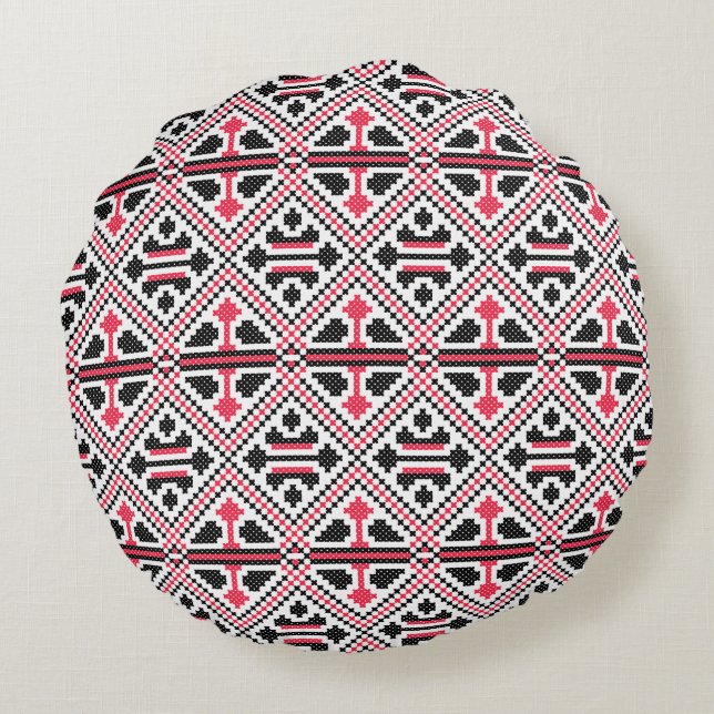 Red and Black cross-stitch Retro Pattern Round Cushion (Back)