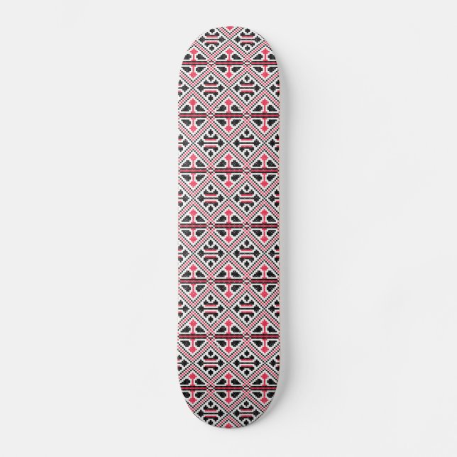 Red and Black cross-stitch Retro Pattern Skateboard (Front)