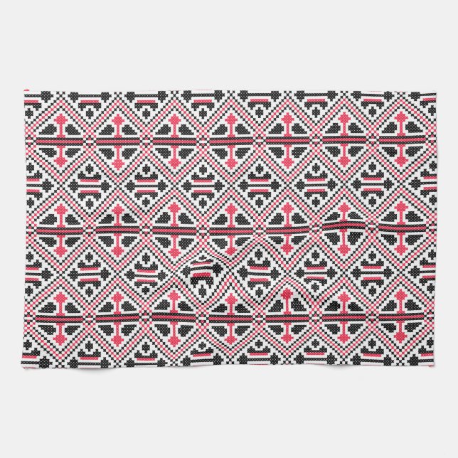 Red and Black cross-stitch Retro Pattern Tea Towel (Horizontal)