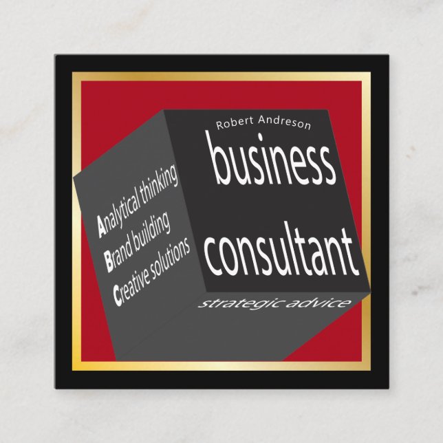 Red and Black Cube Business Consultant Geometric Square Business Card (Front)