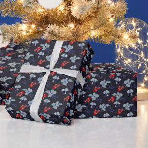 Red And Black Currant, Blue Leaves On Navy Blue Wrapping Paper