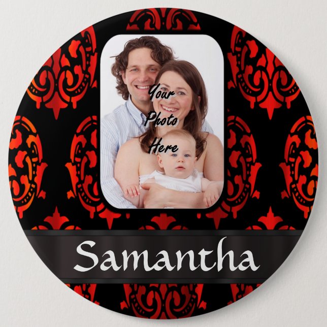 Red and black damask 6 cm round badge (Front)
