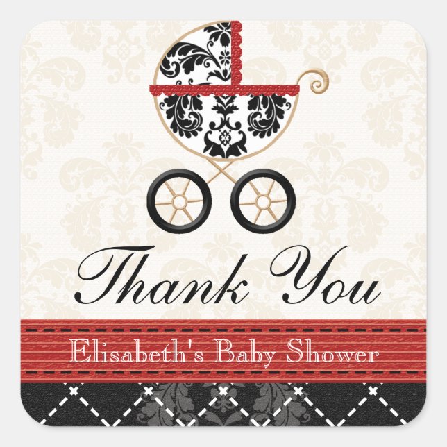 RED and Black Damask Baby Carriage Thank You Square Sticker (Front)