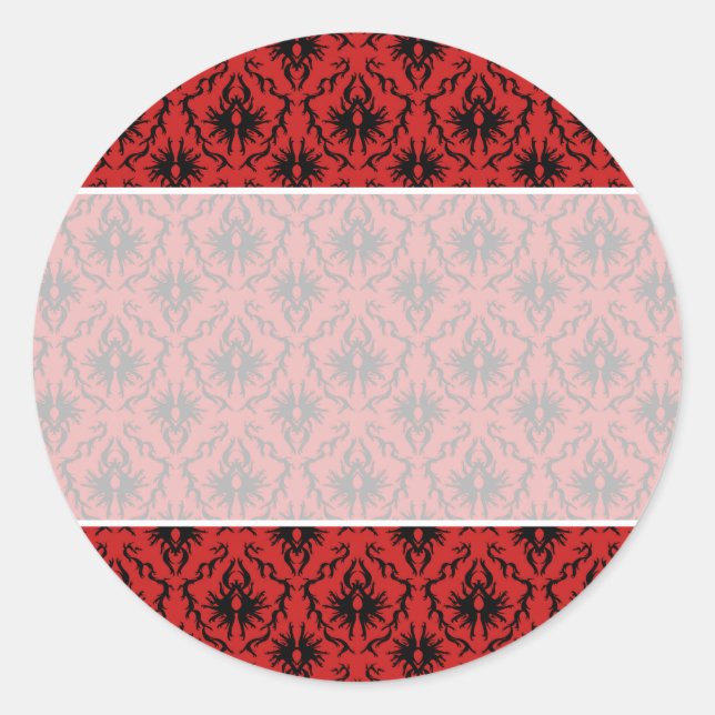 Red and Black Damask Design. Classic Round Sticker (Front)