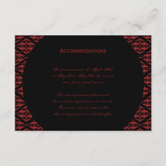 Red and Black Damask Gothic Wedding Accomodations Enclosure Card (Front)