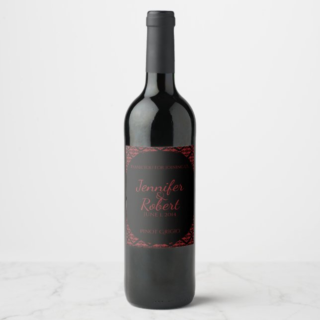 Red and Black Damask Gothic Wedding Wine Label (Front)