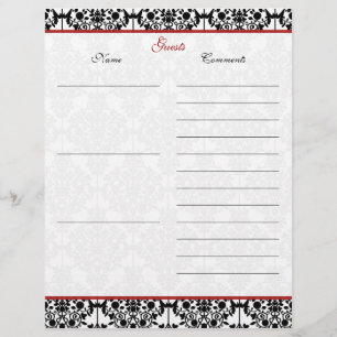 Red and Black Damask Linen Guest Book Paper