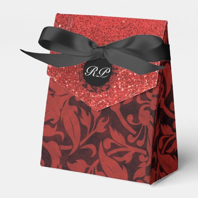 Red and Black Damask Pattern Monogram Favour Box (Front Side)