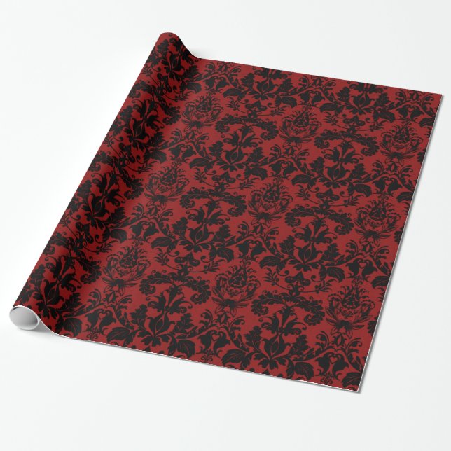 Red and Black Damask Pattern Wrapping Paper (Unrolled)