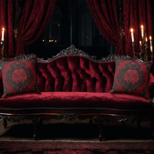 Red and Black Damask Patterned Cushion