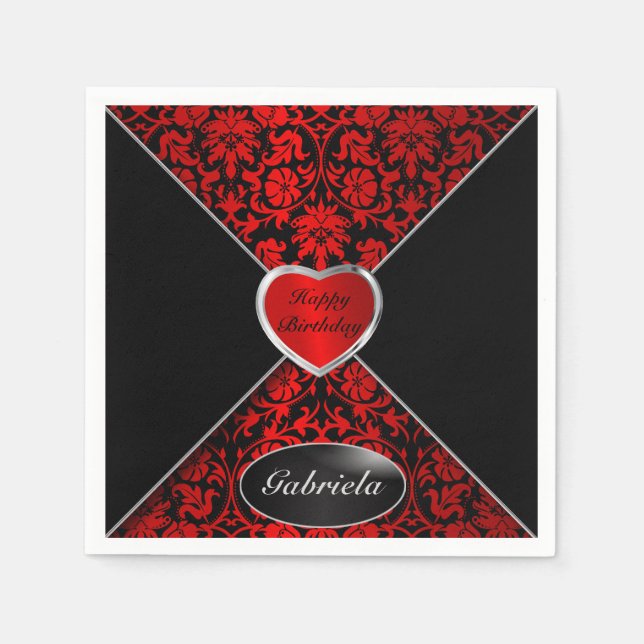 Red and Black Damask | Personalise Napkin (Front)