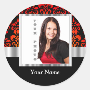 Red and black damask photo template classic round sticker