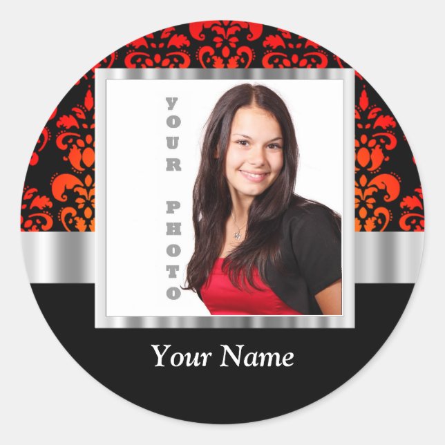 Red and black damask photo template classic round sticker (Front)