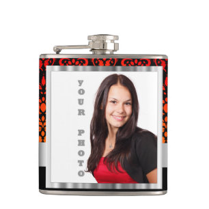 Red and black damask photo template hip flask