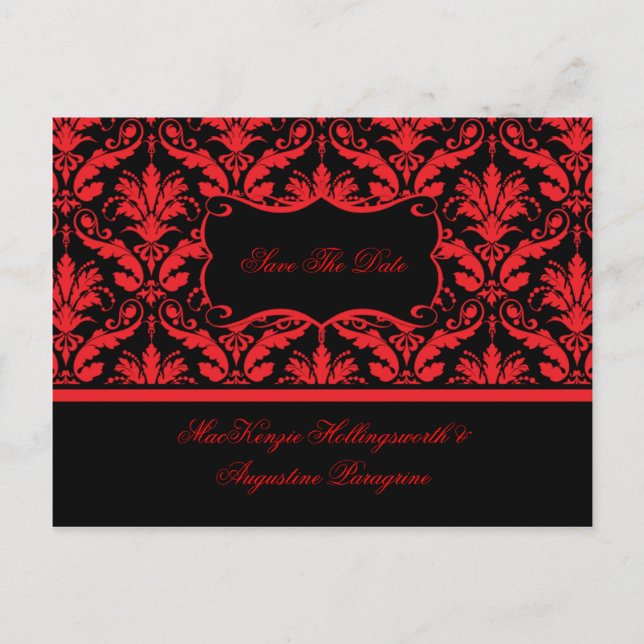 Red and Black Damask Save The Date Announcement Postcard (Front)