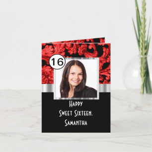 Red and black damask sweet sixteen thank you card