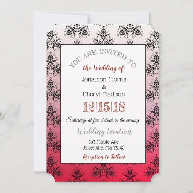 Red and Black Damask Wedding Invitations (Front)
