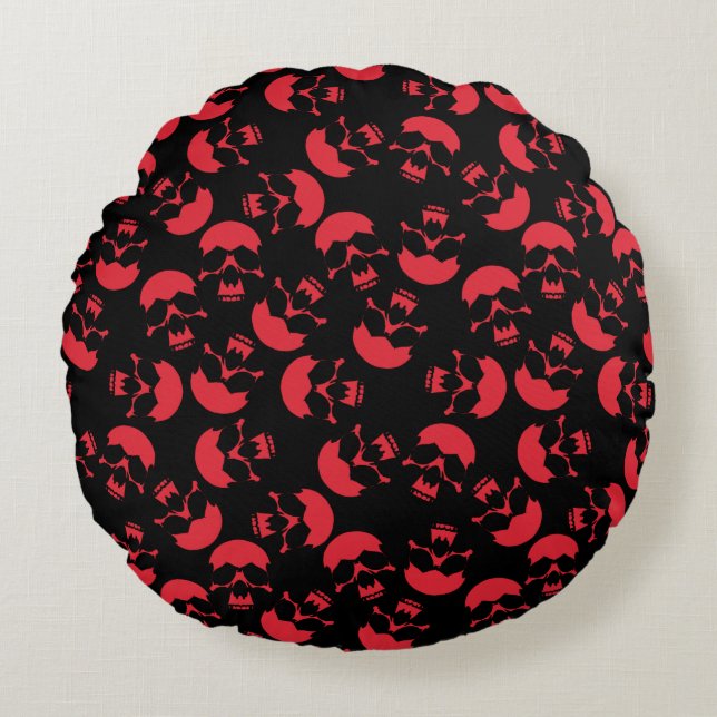 Red and Black Dark Aesthetic Skull Pattern Round Cushion (Front)