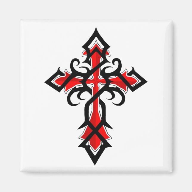 Red and Black Decorative Jesus Christ Cross Magnet (Front)