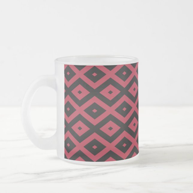 Red and black diamond pattern frosted glass coffee mug (Left)