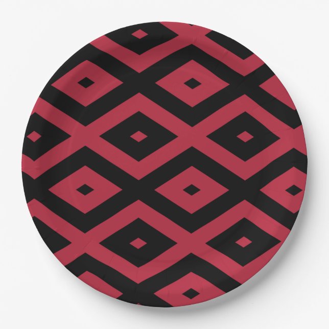 Red and black diamond pattern paper plate (Front)