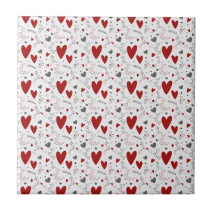 Red and Black Doodle Hearts Love Tile