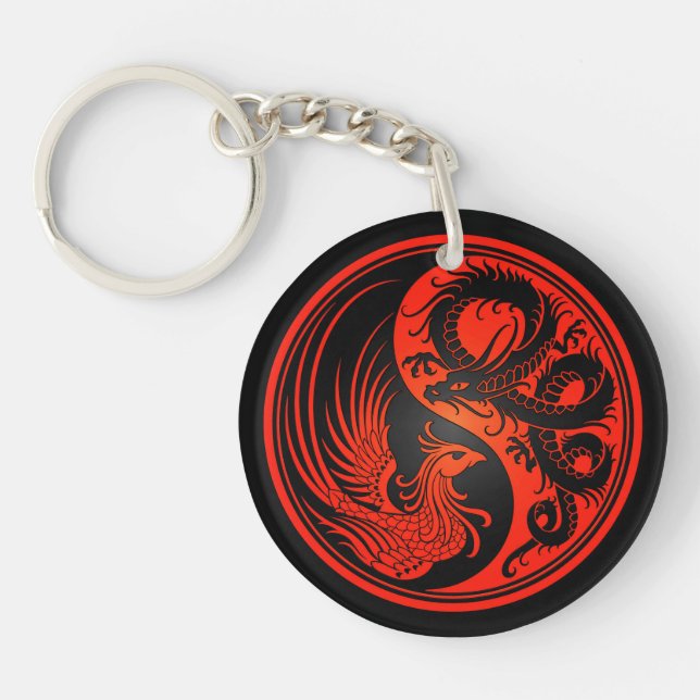 Red and Black Dragon Phoenix Yin Yang Key Ring (Front)