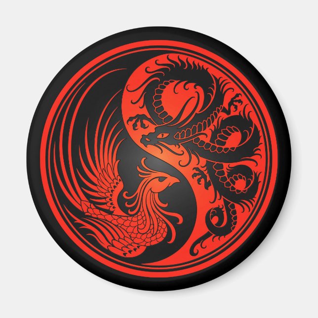 Red and Black Dragon Phoenix Yin Yang Magnet (Front)