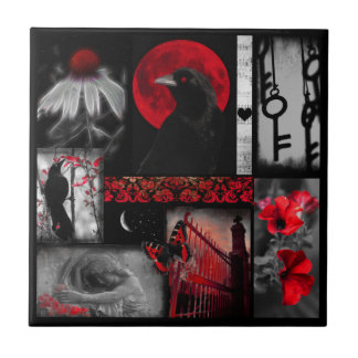 Red And Black Eclectic Crow Art Tile