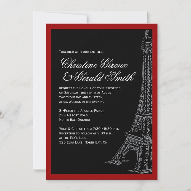 Red and Black Eiffel Tower Wedding Invitations (Front)