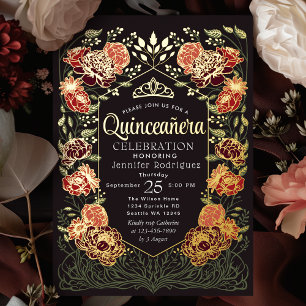 Red and Black Enchanted Garden Floral Quinceanera 