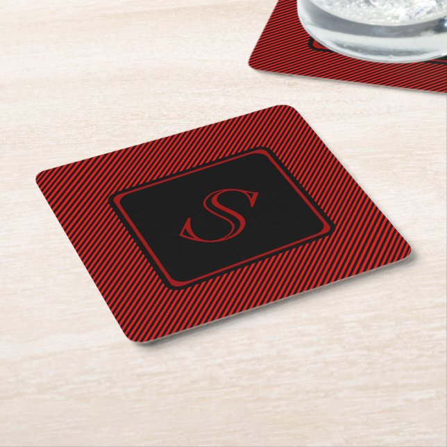 Red and black fine vertical stripes monogram paper coaster (Angled)