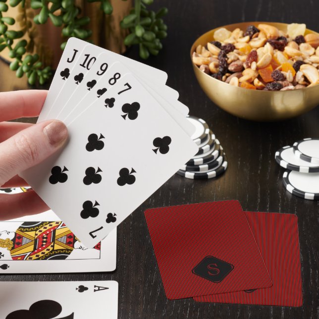 Red and black fine vertical stripes monogram playing cards (In Situ)