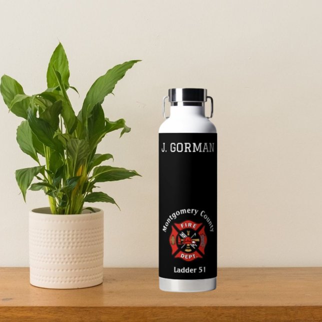 Red and Black Fire Department Logo Personalized Water Bottle (Creator Uploaded)