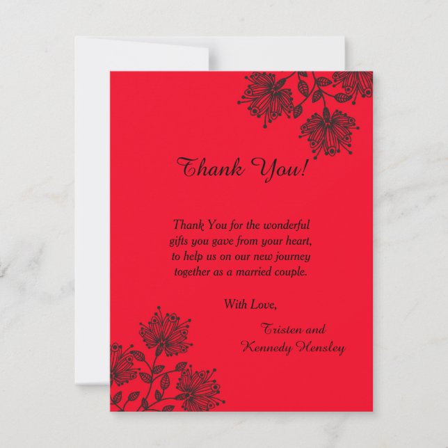 Red and Black Floral 4x5 Flat Thank You Card (Front)