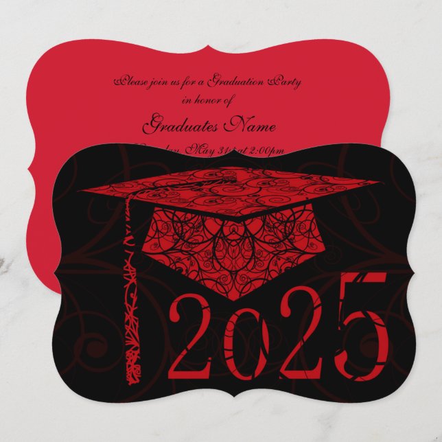 Red and Black Floral Cap 2025 Graduation Party Invitation (Front/Back)