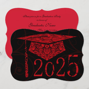Red and Black Floral Cap 2025 Graduation Party Invitation
