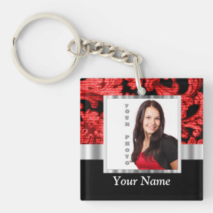 Red and black floral damask template key ring