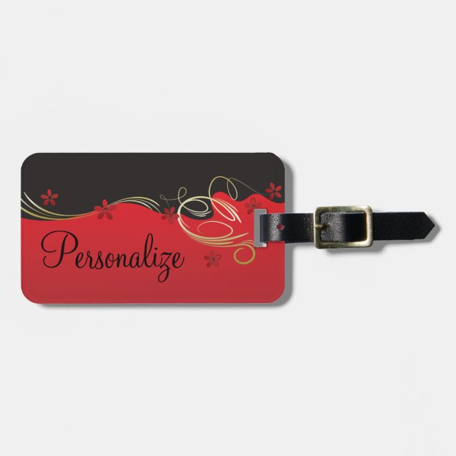 Red and Black Floral Design Luggage Tag (Front Horizontal)