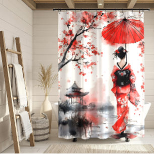 Red and Black Floral Geisha   Shower Curtain