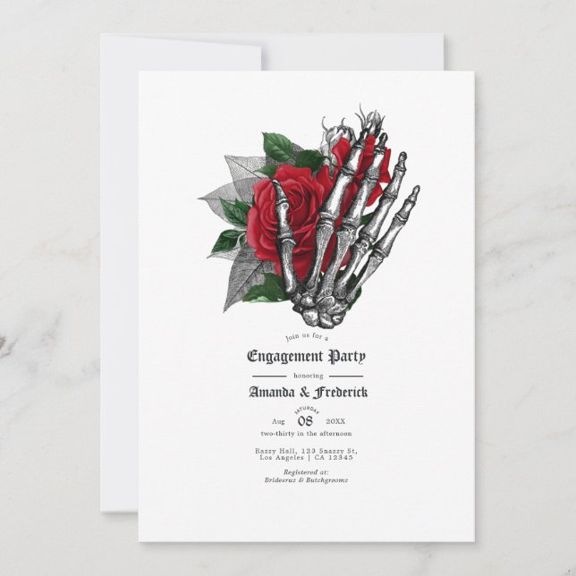 Red and Black Floral Gothic Engagement Party Invitation (Front)