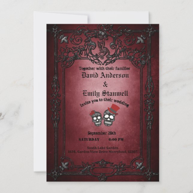 Red And Black Floral Gothic Halloween Wedding Invitation (Front)