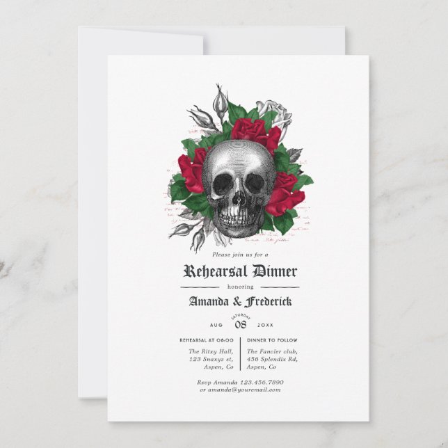 Red and Black Floral Gothic Rehearsal Dinner Invitation (Front)