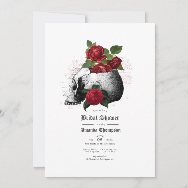 Red and Black Floral Skull Gothic Bridal Shower Invitation (Front)