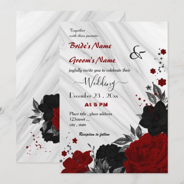 red and black floral wedding invitation (Front/Back)
