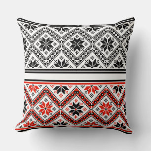 Red and Black Folk Art Geometric Pattern Throw Cushion