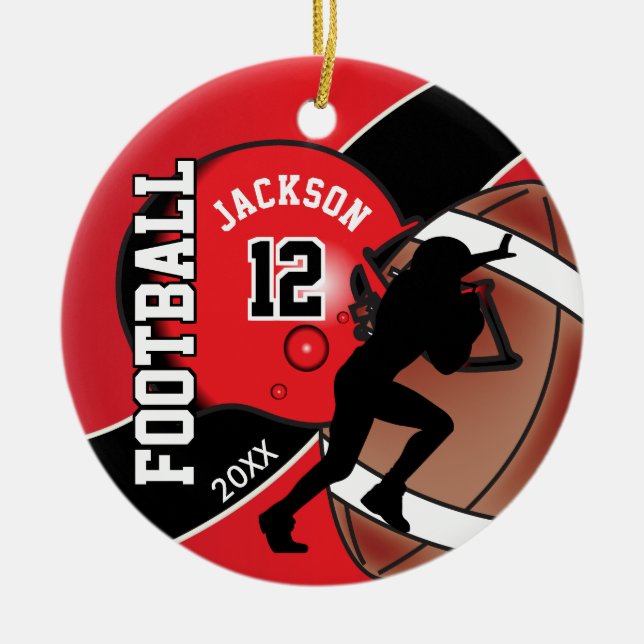 Red and Black Football Player Ceramic Tree Decoration (Front)