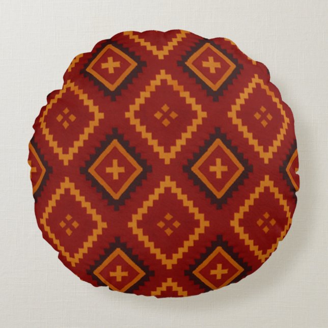 Red and Black  Geometric Motifs Round Pillow (Front)