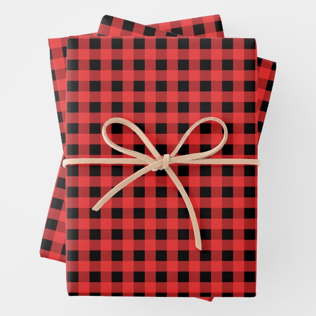 Red and Black Gingham Pattern Christmas Wrapping Paper Sheet (In situ)